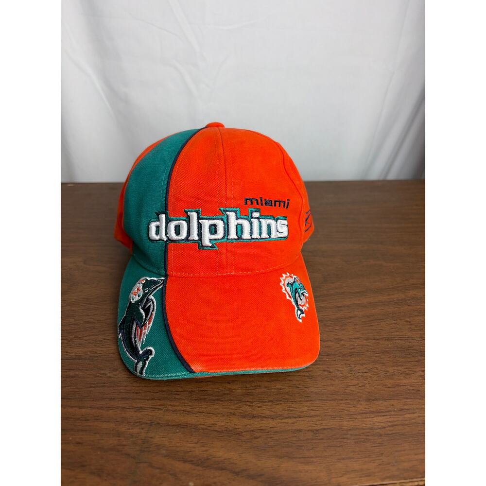 Vtg Miami Dolphins Hat Reebok NFL Pro Line Color Block Strapback Spell Out Cap